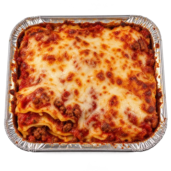 Baked lasagna with browned melted cheese in a takeaway tray