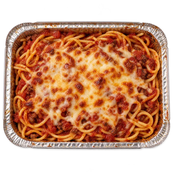 Baked spaghetti with tomato sauce and browned cheese in a takeaway tray