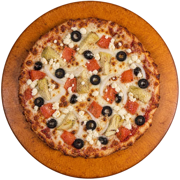Euro Veggie pizza with artichokes, onions, tomatoes, feta and black olives