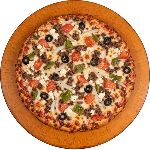 Greek pizza with ground beef, feta, tomatoes, onions, green peppers and black olives