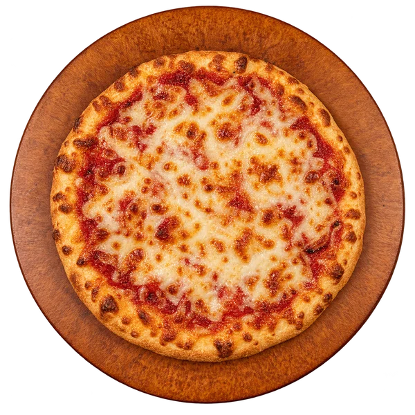 Small cheese pizza on a wooden serving board
