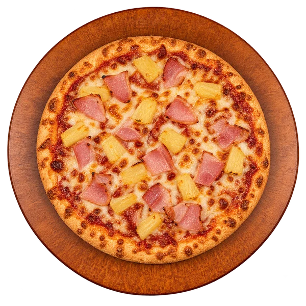 Small ham and pineapple pizza on a wooden serving board