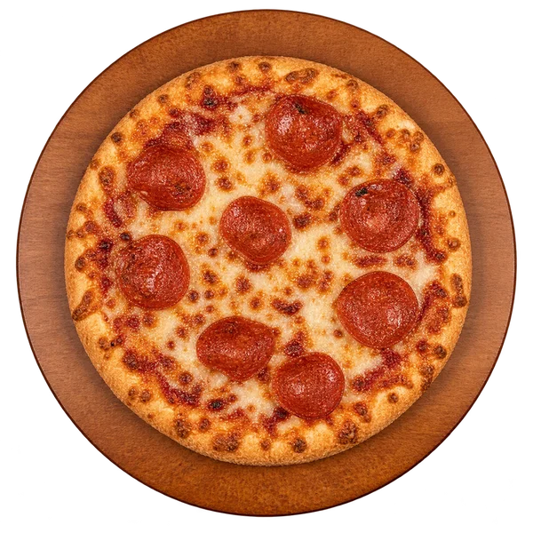 Small pepperoni pizza on a wooden serving board