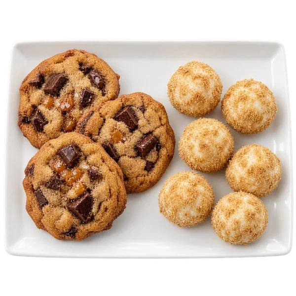 Three salted caramel chocolate chunk cookies and six cheesecake truffles