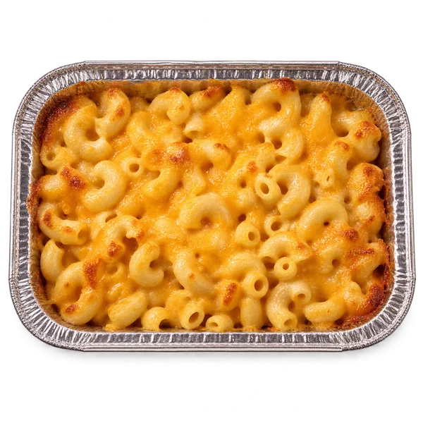 Elbow macaroni in cheddar cheese sauce in a takeaway tray