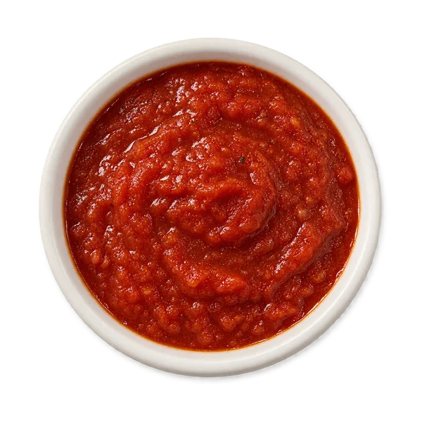 Tomato pizza sauce in a small white bowl