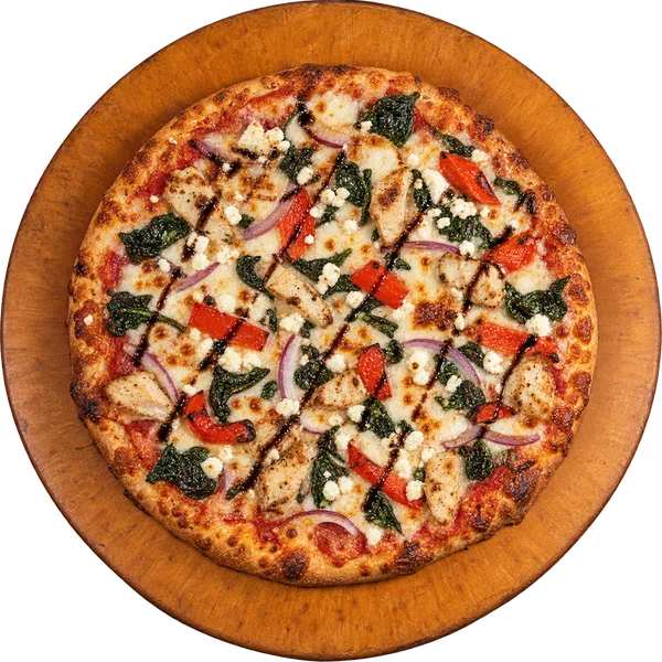 Rusticana pizza with spinach, red peppers, red onions, chicken, feta and balsamic drizzle